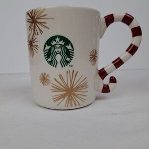 Starbucks 2015 Christmas Mug with Candy Cane Handle, Stars & Mermaid Logo 12 oz